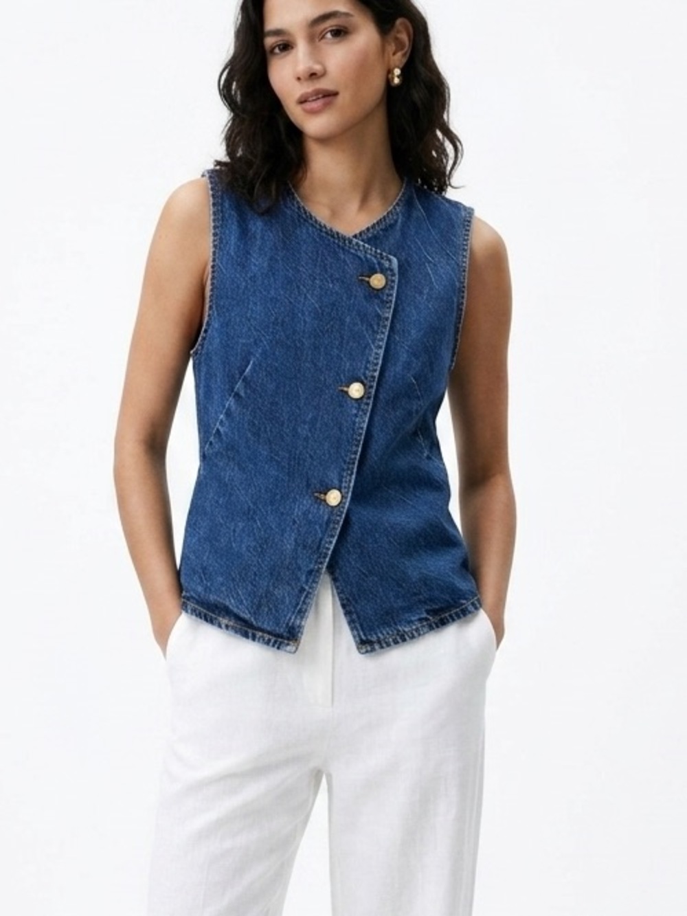 Zara Denim Waistcoat Vest Top Dark Wash Asymmetrical Button Size S